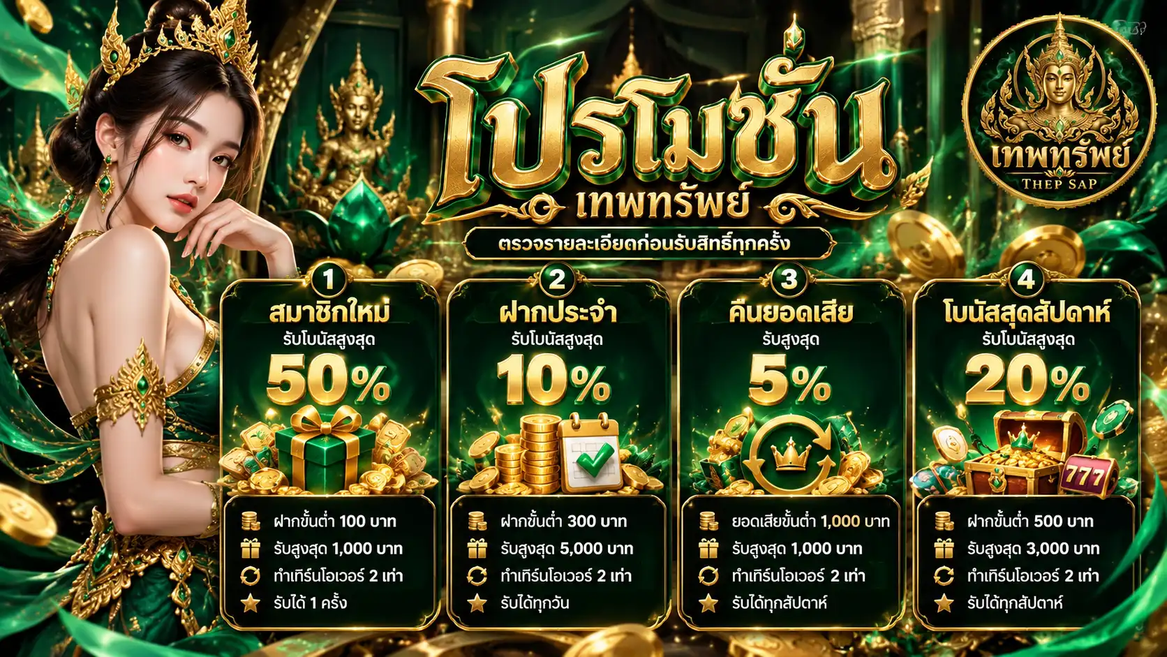 เทพทรัพย์ สิทธิ์สมาชิกใหม่ ฝากประจำ คืนยอดเสีย และโบนัสสุดสัปดาห์